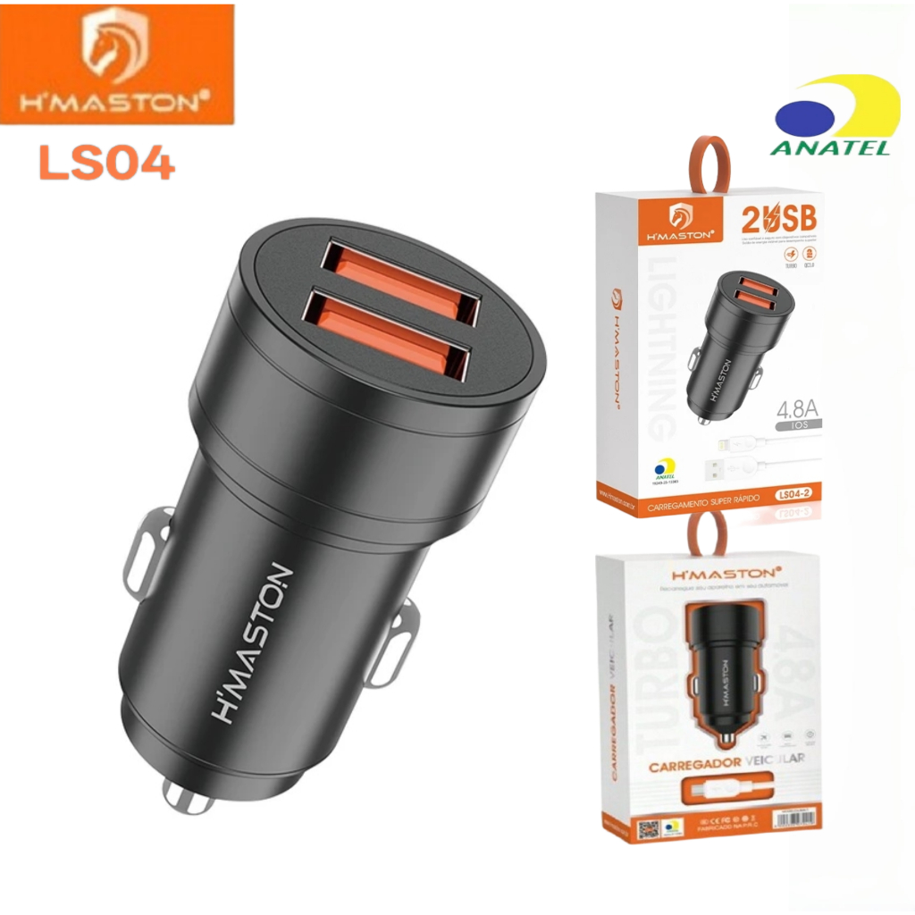 Carregador Veicular para Celular Turbo 2 Saídas USB 4.8A Carga Rápida com Cabo H'maston LS04