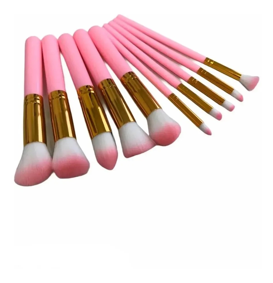 Kit de 10 Pincéis de Maquiagem LuxHair Kabuki e Precisão, Rosa com Bronze
